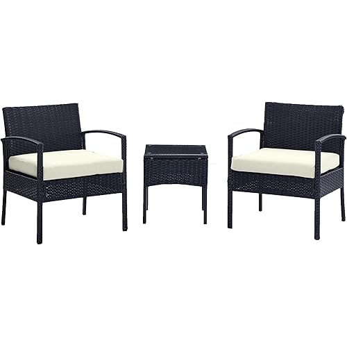 Manhattan Comfort Noli 3-Piece Patio Conversation Set, Outdoor Furniture Made of Steel Rattan | Includes 2 Modern Armchairs, Tempered Glass End Table, Removable Waterproof Cushions, Cream