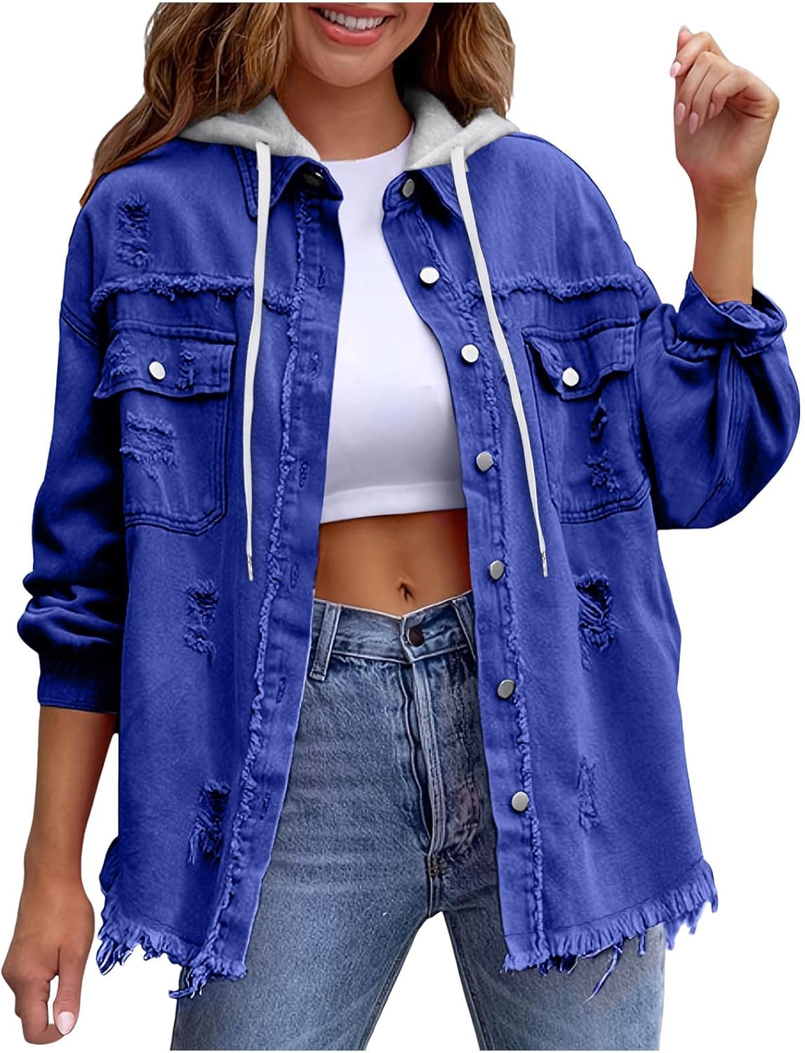 Jean Jacket Women Trendy Ripped Denim Button Down Shirt Oversized Lightweight Jeans Shacket With Detachable Hoodie