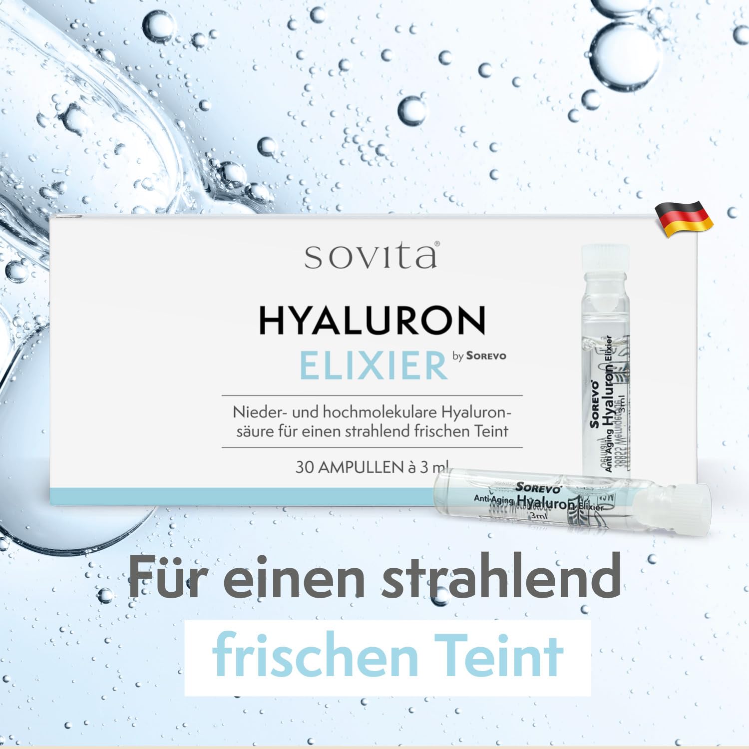 sovita Hyaluron Elixier mit Niacinamid gegen Falten | intensive Feuchtigkeitspflege mit Hyaluronsäure für straffe Haut | Anti-Aging Ampullen | 30 x 3 ml