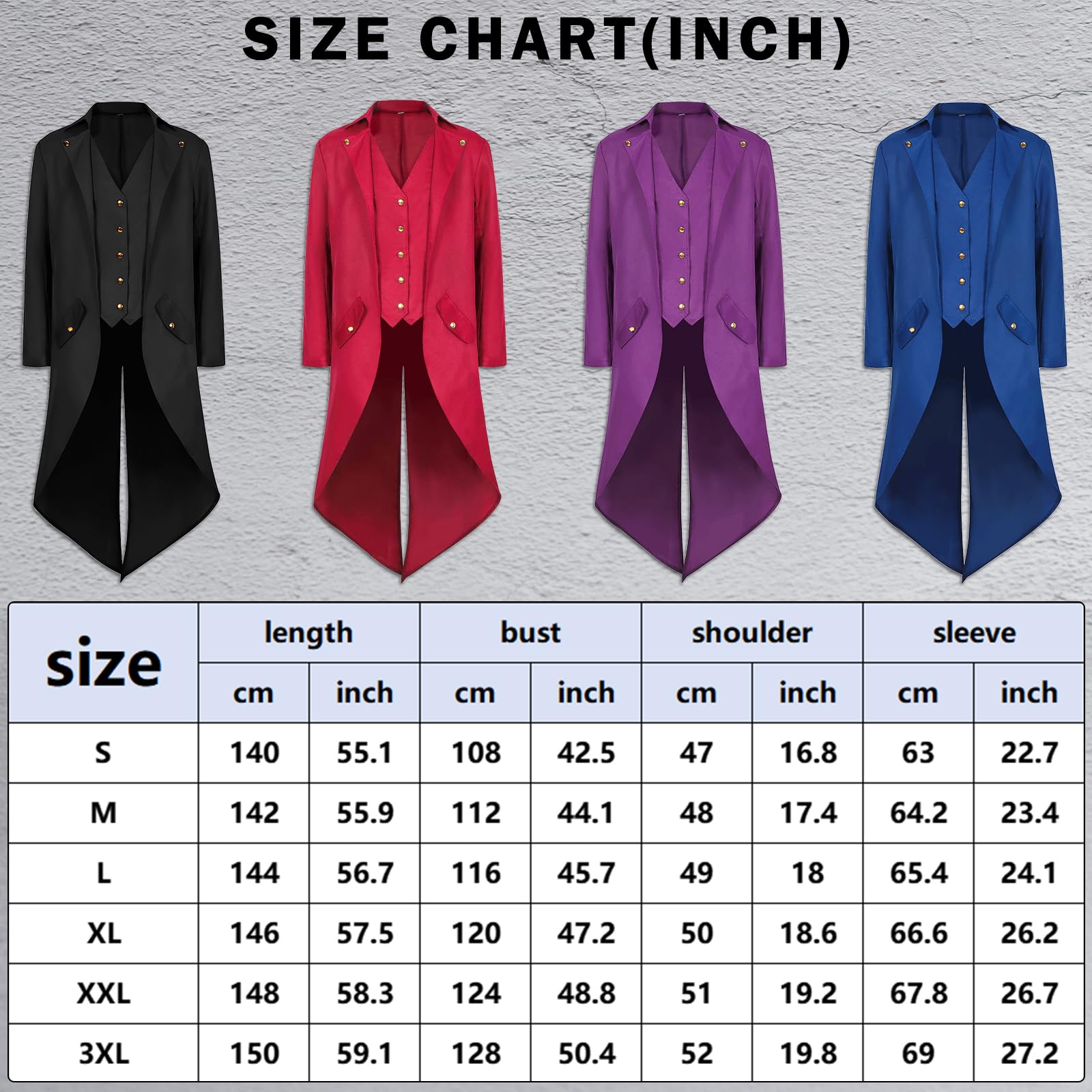 NFAOEGJ Men Medieval Tailcoat Steampunk Victorian Costume Mens Medieval Gothic Vintage Jacket Halloween Costume (Black, L) - Image 4