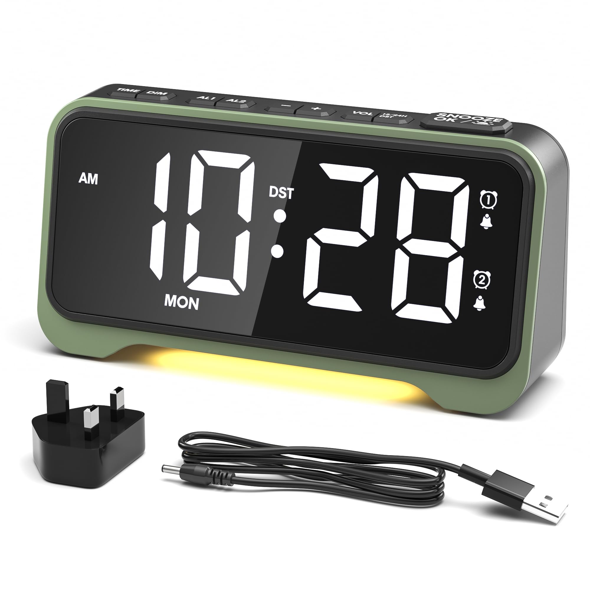ROCAM Alarm Clock Beside for Heavy Sleepers & Teens, Digital Clock with White Bold Digits & Week Date Display, Type-C & USB Charging Port, 70-120dB, Dual Alarm, SNOOZE, 3-Night Light, Power-Off Memory โ image 1