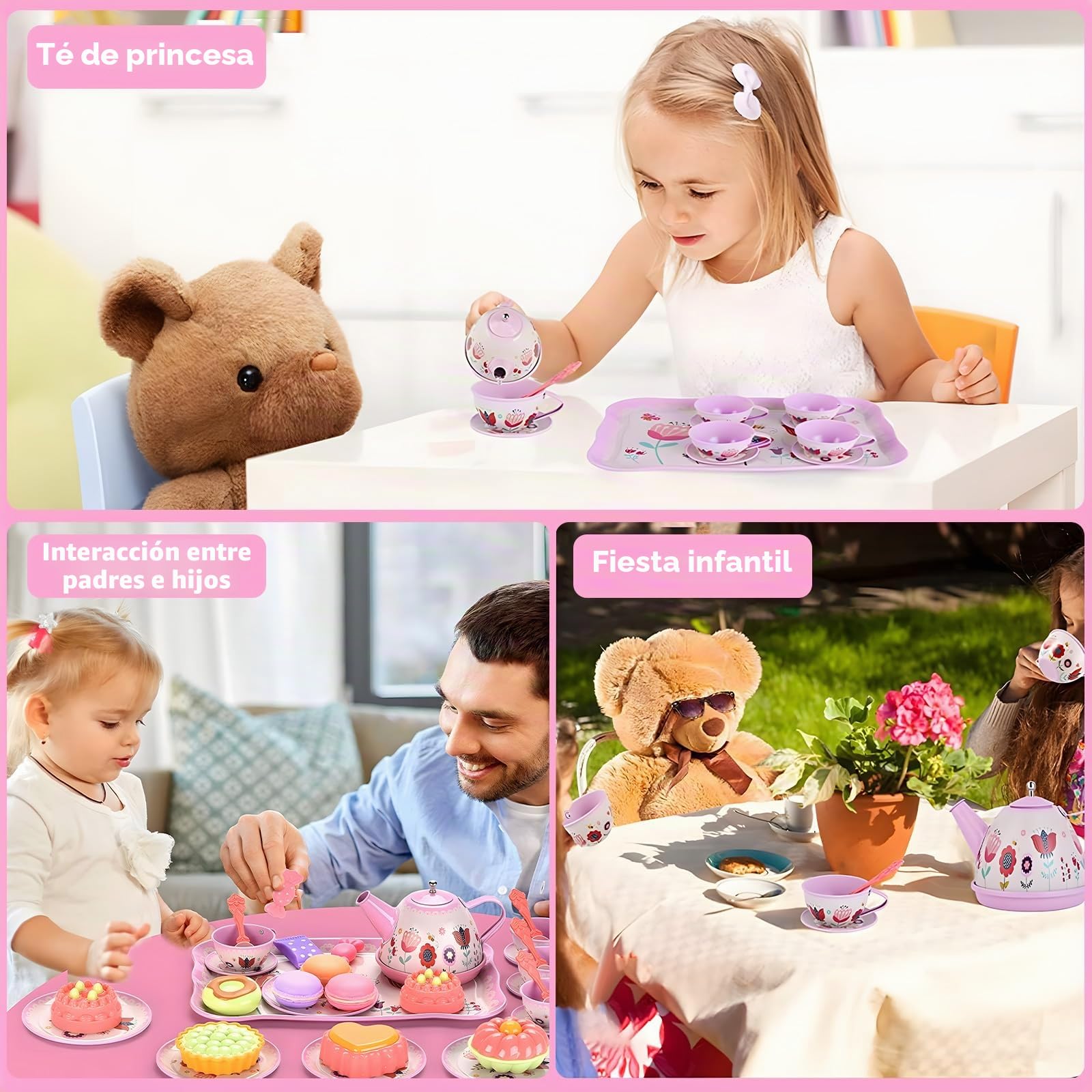 Juego de Té para Niños con Estuche, 46 Piezas Servicio de té Juguete de Metal, Cocina Juguete Vajilla Juguete y Comiditas, Juego de te Infantil para Niña 3 4 5 6 7 Años, Regalo Niña 3-8 Años