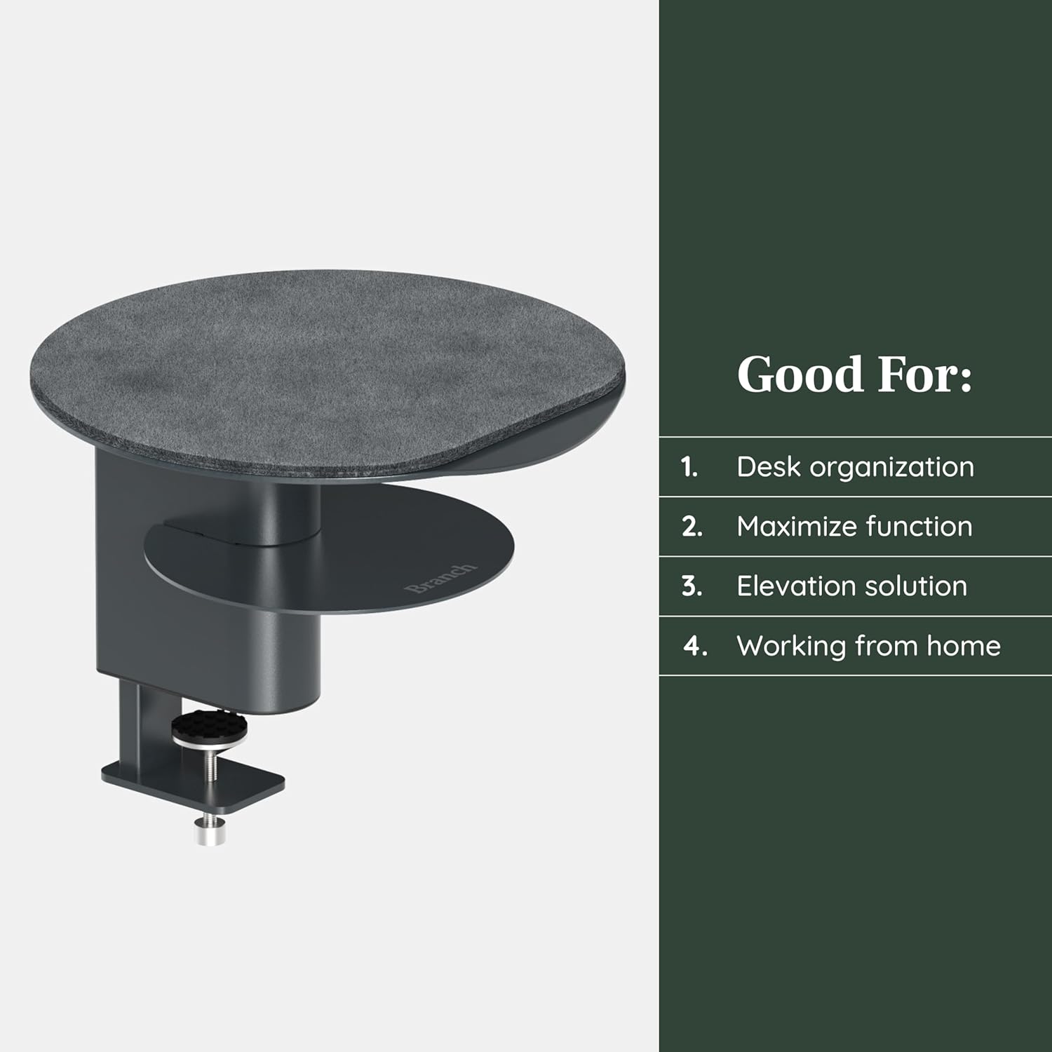 Branch Desk Perch - Elevated Desk Clamp Shelf for Monitors, Laptops, and Accessories - Powder-Coated Steel with Felt-Lined Platform - Two Tier Organizer - Charcoal