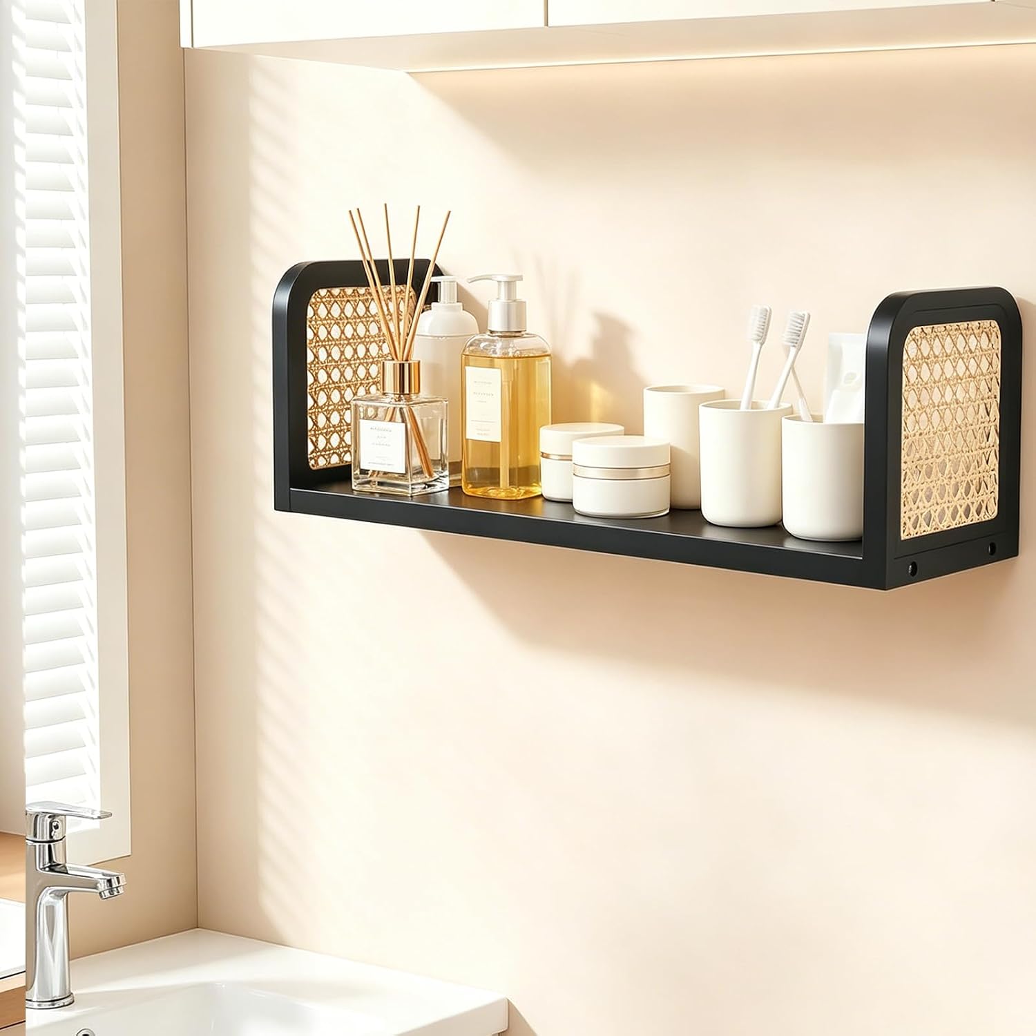 16.34 Inch Rattan Shelf, Nursery Shelves Wall Mounted | Natural Hanging Bookshelf Storage Floating Shelves Boho Wall Decor, Boho Decorative Floating Shelves for Living Room Bedroom
