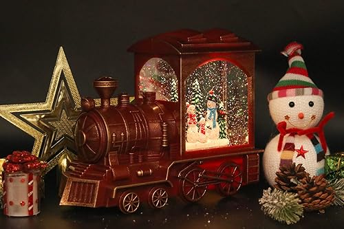 Miniatura 3 de GenSwin Muñeco de nieve de tren de Navidad, funciona con pilas, con luces musicales, de nieve, nieve, brillante, con temporizador, decoración