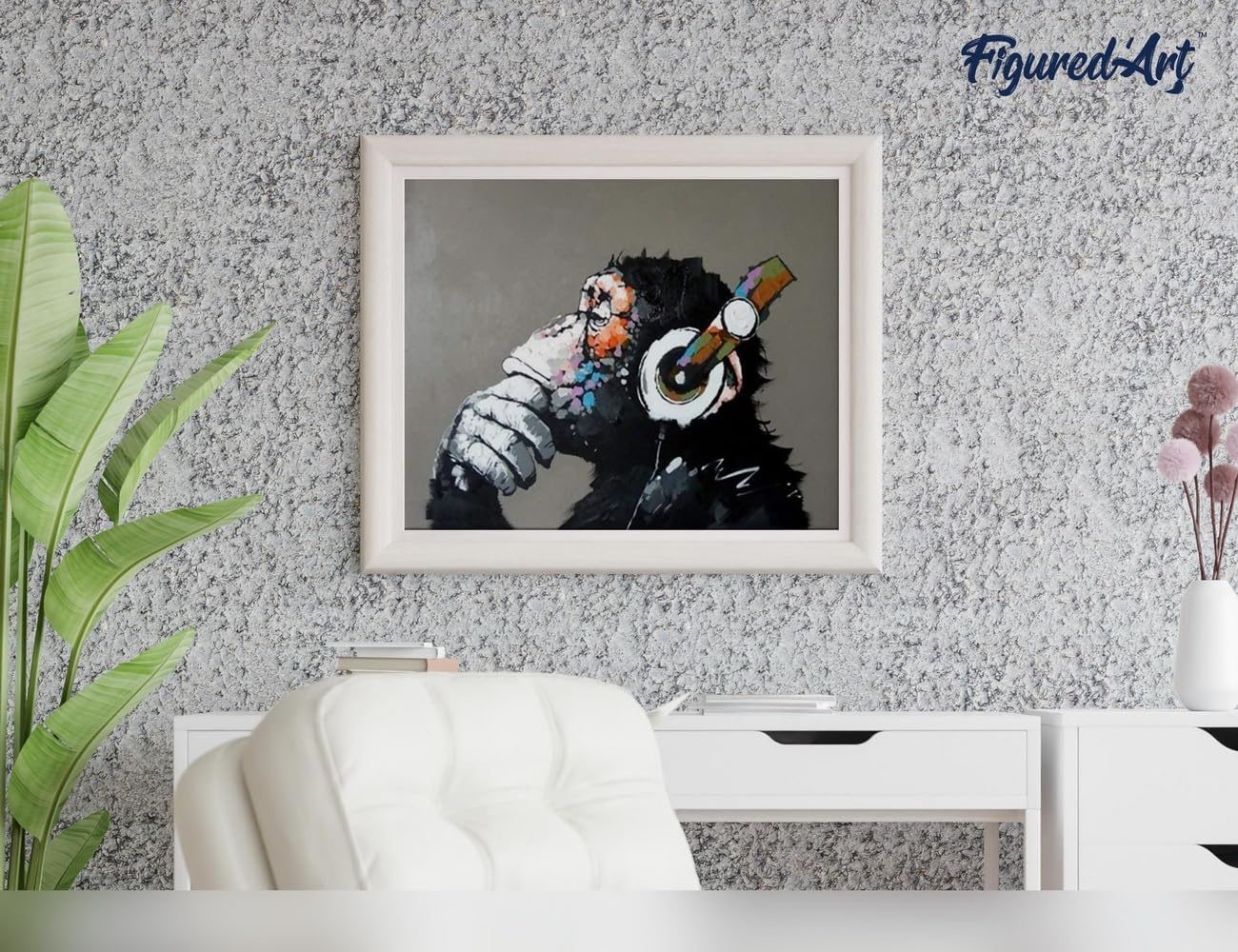 Figured'Art Paint by Numbers for Adults Monkey Wearing Headphones 16"x20" - Craft Art Painting Rolled Canvas with DIY Wooden Frame