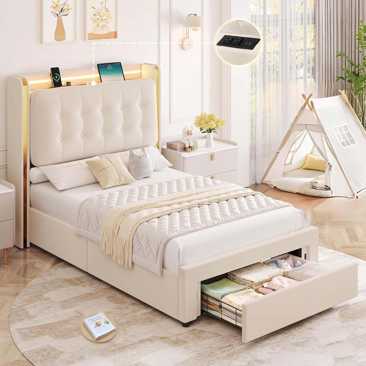 HIFIT 2 Set Twin Size Upholstered LED Bed Frame with Charging Station & Storage Drawer, Lavish Wingback Headboard w/Fluffy Cloud Tufted Back Cushion, Princess Twin Platform Bed for Kids/Girls, Beige