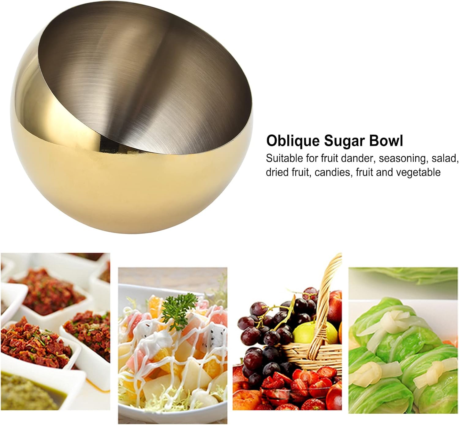 Stainless Steel Sugar Bowl, Golden Sugar Cube Holder Brushed Metal Oblique Sugar Bowl Large Spherical Condiment Container for Restaurant Home Kitchen Party(L)