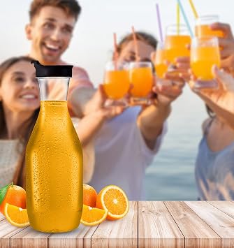 PARTY BARGAINS 50 oz Plastic Carafe with Black Flip-Tab Lid, Clear 6 Pack Heavy-Duty Spill-Resistant Pitchers for Iced Tea, Juice, Cold Beverages, Powdered Drinks, Mimosa Bar