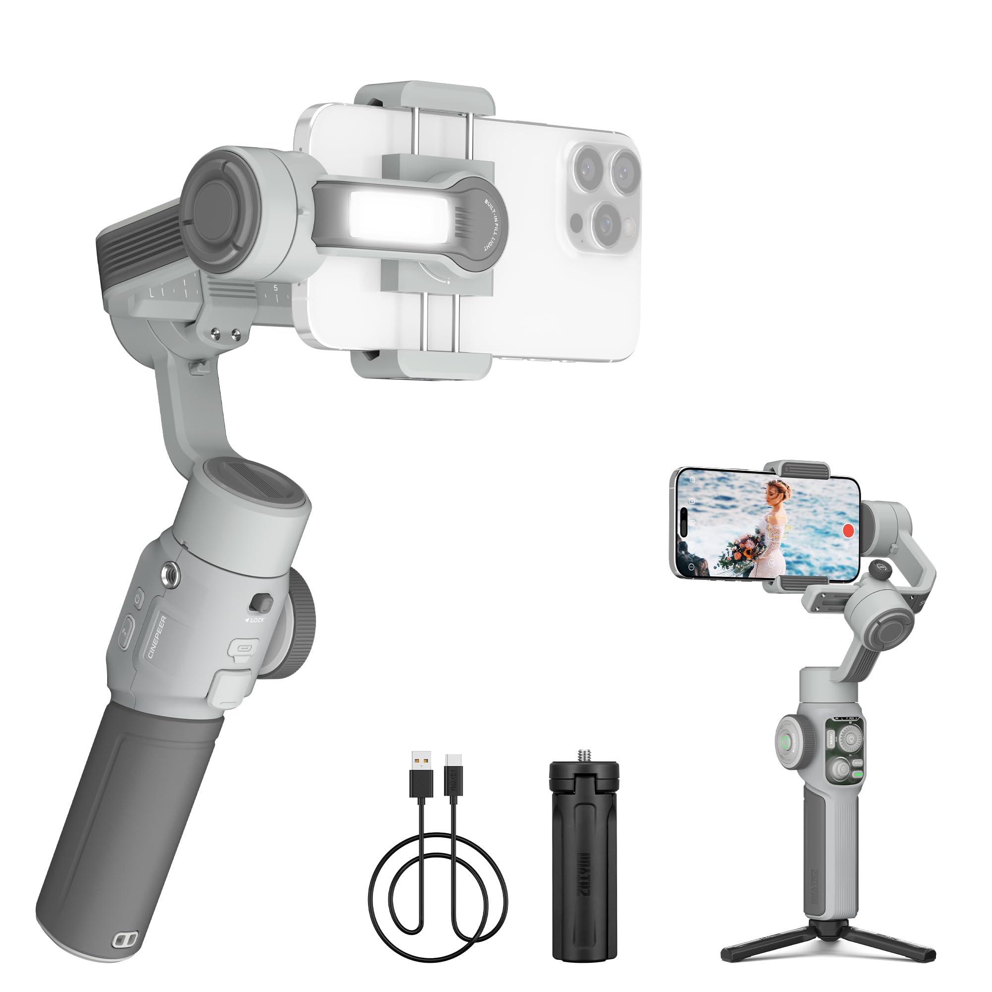 ZHIYUN CINEPEER Smooth 5E 3-Axis 300g Payload Gimbal Stabilizer for iPhone, Android, Gesture Control, Built-in Fill Light, Tripod, Portable Phone Stabilizer for Video Recording, Tiktok, Travel