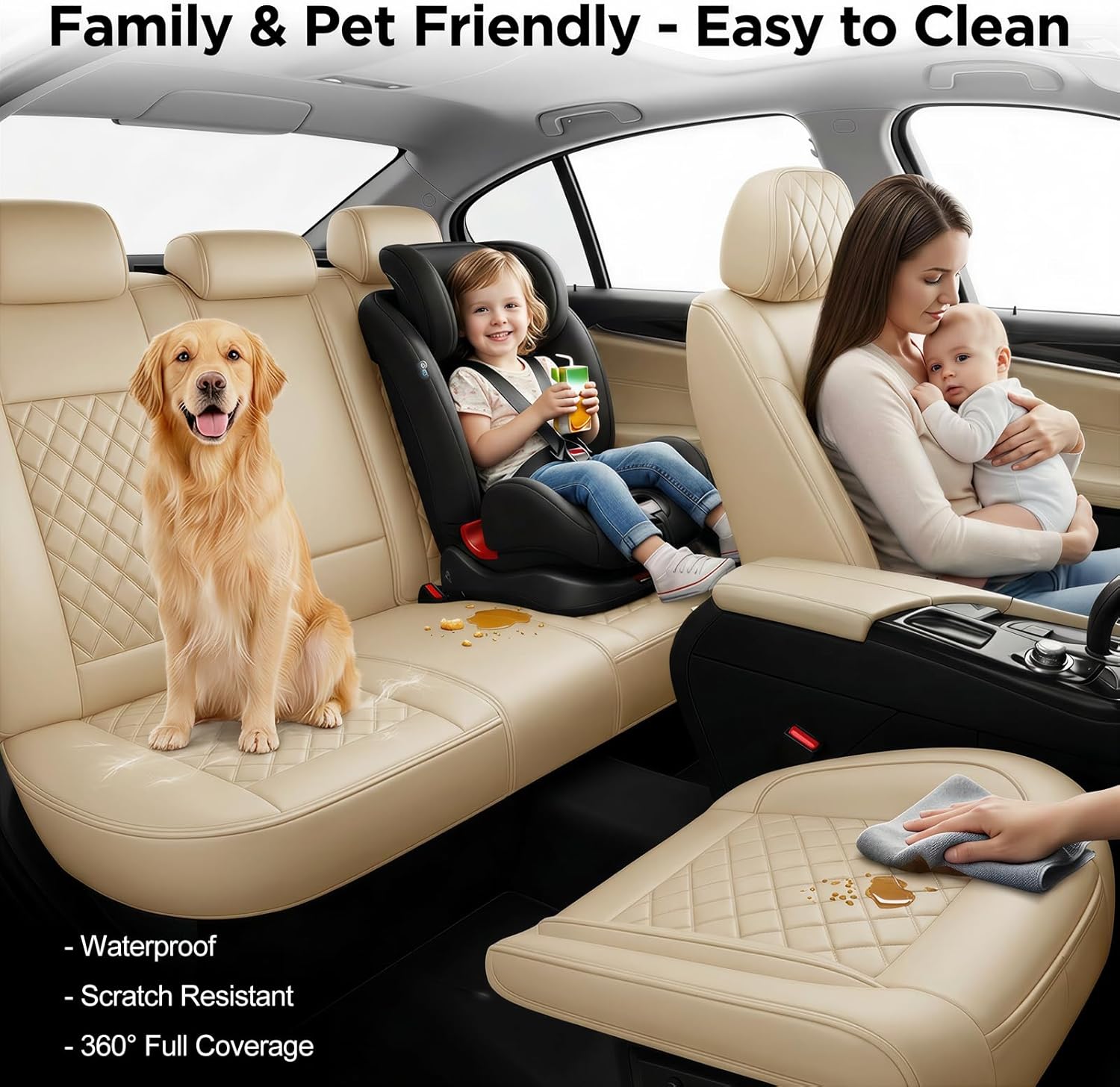 Fit for CX-90 Car Seat Covers Compatible with Mazda CX90 2024-2026 - Waterproof Breathable Leather Automotive Seat Cushions Protector,Airbag Compatible,Only 2 Front Car Seat Covers(Beige)