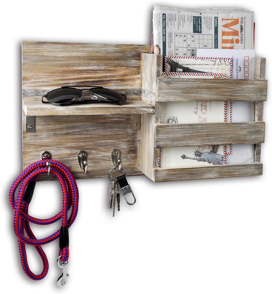 Spiretro Key Hooks Holder, Wall Mount Entryway Mail Sorter Envelope Organizer, Leash Purse Hanging Rack, Letter Storage, Home Decorative Floating Shelf, 16.5” W x 9.75" H x 4.5” D, Rustic Wood Grey