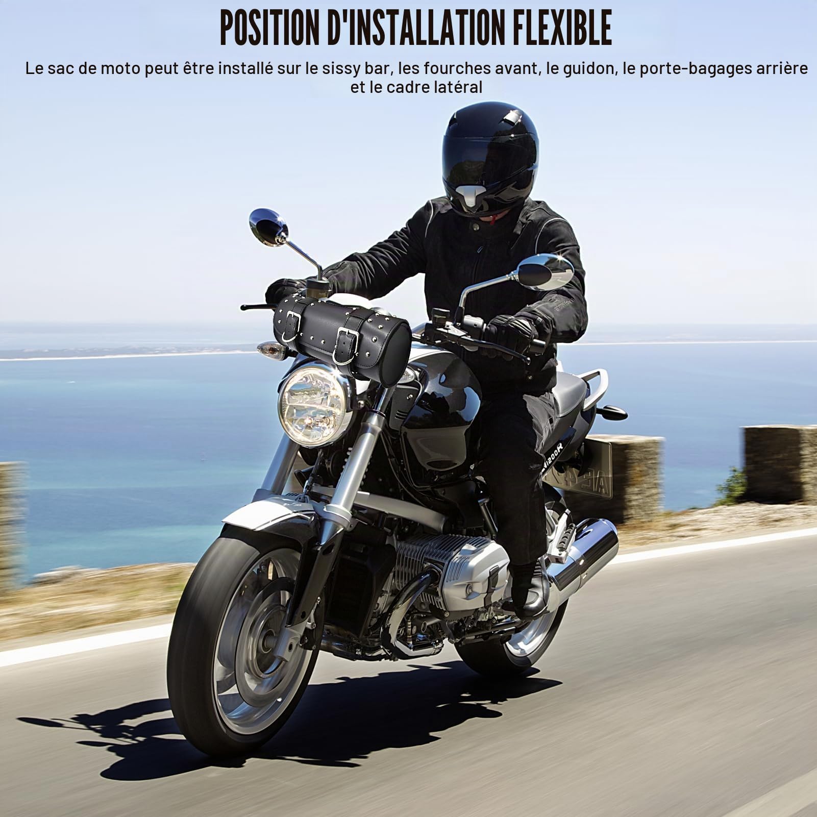 Sacoche de selle de moto en cuir synthétique avec sangles réglables - Sacoche à outils pour guidon de moto - Compatible avec Honda, Kawasaki, Suzuki, Yamaha (noir)