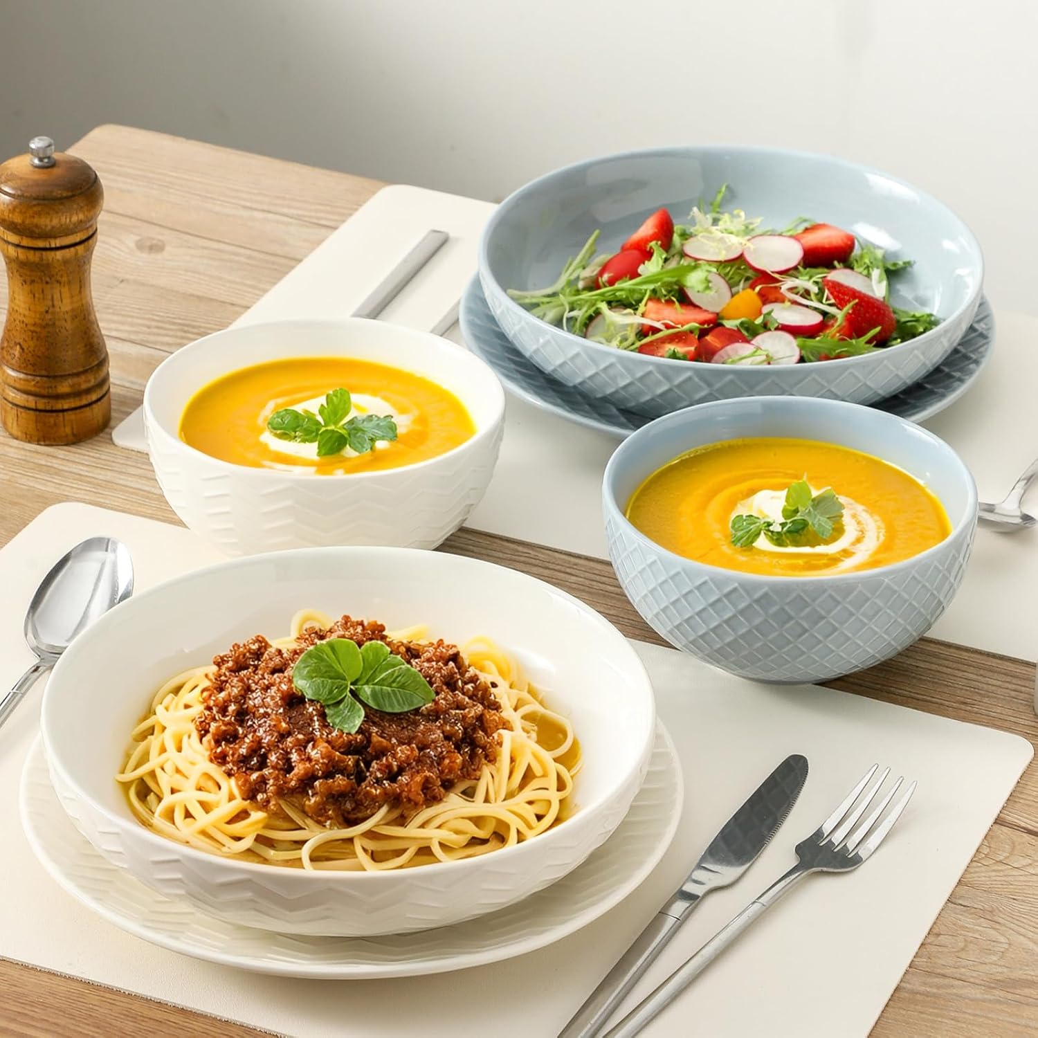 HASENSE Ceramic Pasta Bowls, 42 OZ Ceramic Salad Bowl Set of 4, Large Serving Plate Bowls,Embossment Stoneware Wide and Shallow Pasta Plates for Fruits, Noodle,Colorful