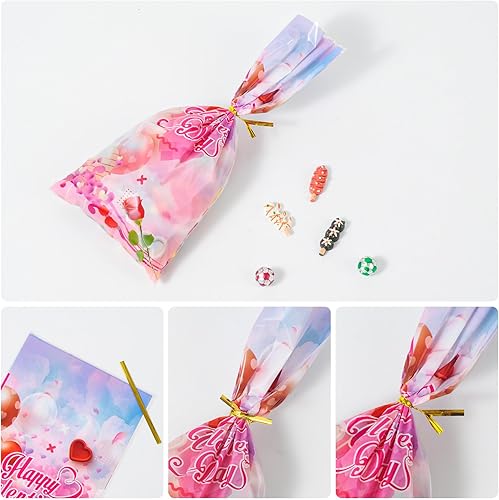 Miniatura 3 de idolpack Paquete de 50 bolsas de celofán para el día de San Valentín con 50 lazos torcidos, bolsas de violonchelo con corazón rojo, bolsas de dulces