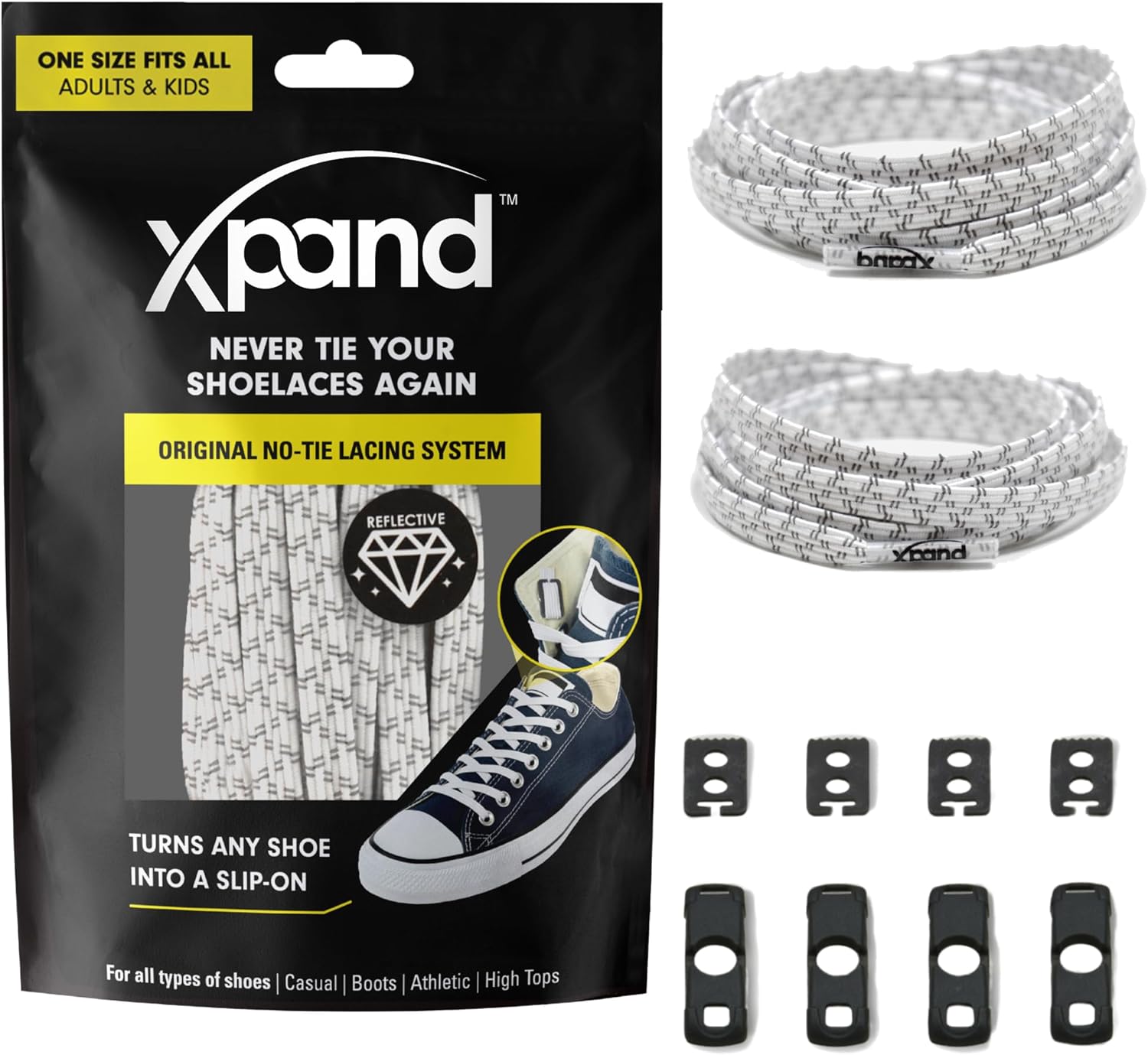 Xpand No Tie Elastic Shoelaces. 1 Size Fits All for Adults & Kids | Stretch Laces for Sneakers, Runners & High Tops Shoes