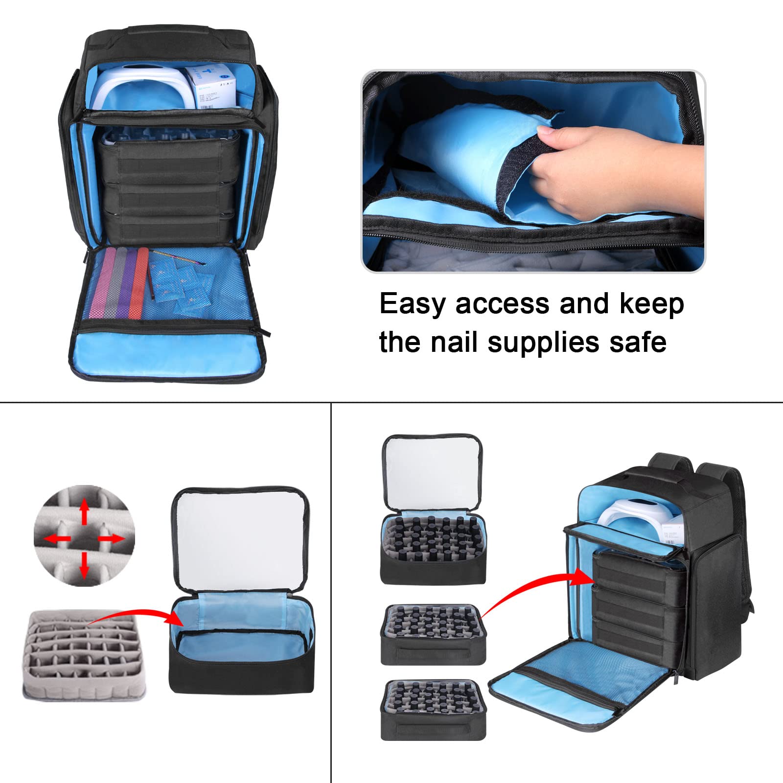 Nagellack-Organizer-Rucksack für 108 Flaschen (15 ml – 0,5 FL. oz) und eine Nagellampe, Organizer-Aufbewahrungstasche für Nagelzubehör mit 3 Nagellack-Etuis(schwarz)