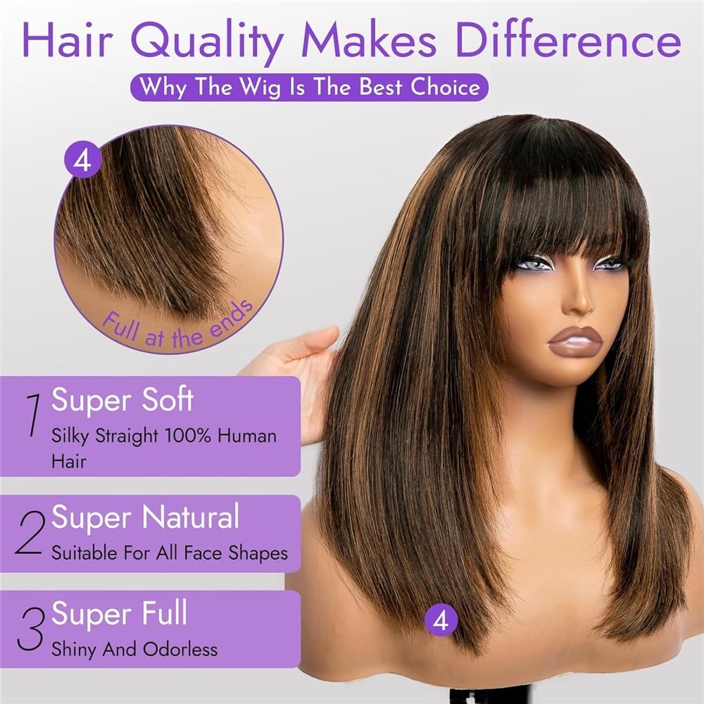 Warstwowe Highlight 1b/30 Bezglueless Bob Wig z grzywką do noszenia na co dzień, 3 x 1 cali koronkowe igi ludzkie włosy 180 Density dla czarnych kobiet (6 cali)