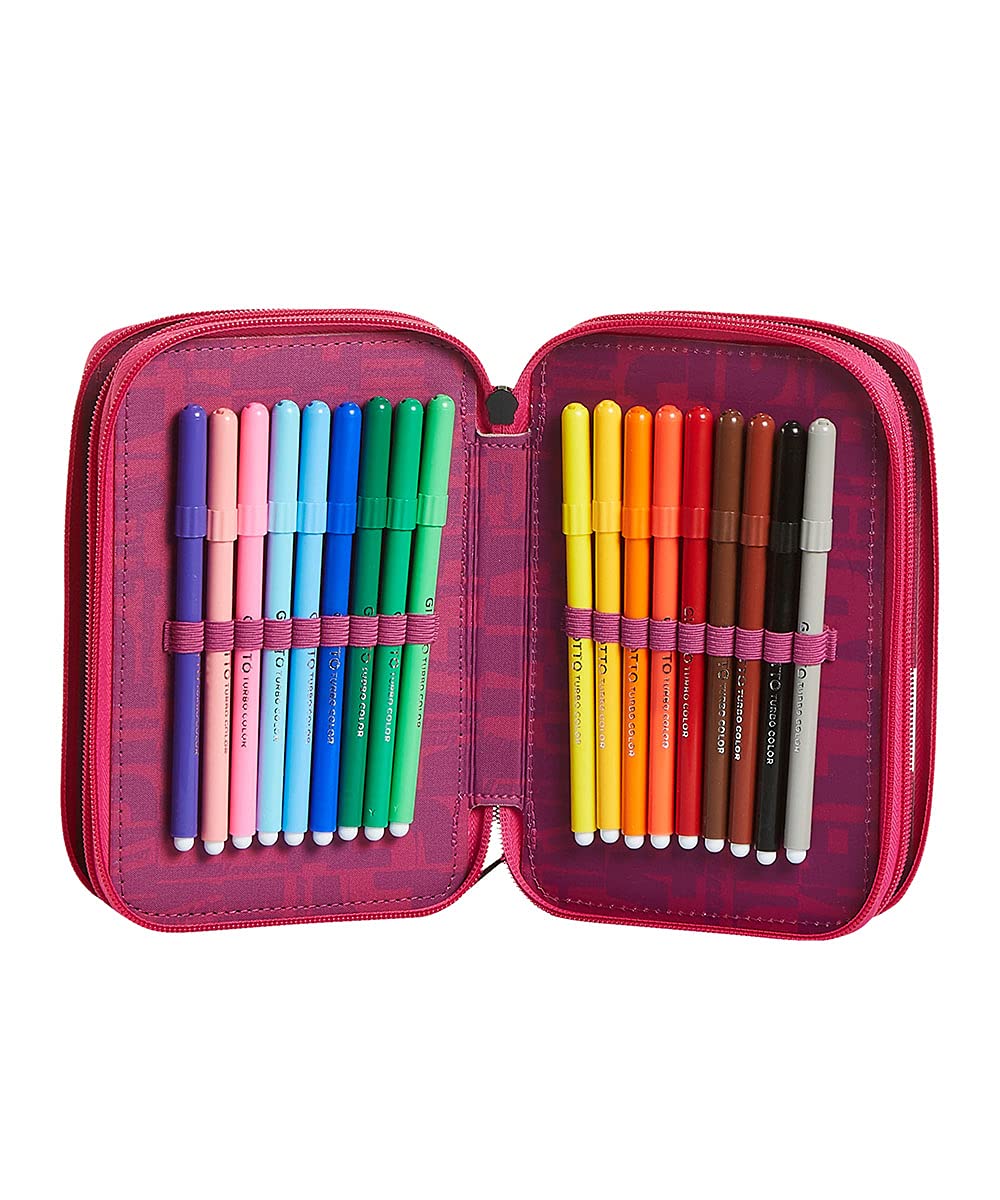 Invicta S. P. A. Astuccio 3 Scomparti, Street Jungle, Rosa, Completo di Matite, Penne, Pennarelli, Fucsia, Taglia Unica