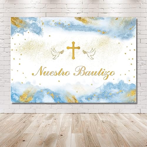 Miniatura 6 de MEHOFOND Telón de fondo Mi Bautizo de 7 x 5 pies para niños, Nuestro Bautizo, bautizo, primera comunión, Dios bendiga fotografía, fondo azul pastel,