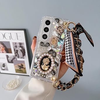 Omio for Galaxy Z Fold 7 Bling Case with Hand Chain Wrist Strap Bracelet Silk Scarf for Girls Women Sparkle Rhinestone Pearl Crystal Glitter Diamond Shockproof Cover for Galaxy Z Fold 7 Black