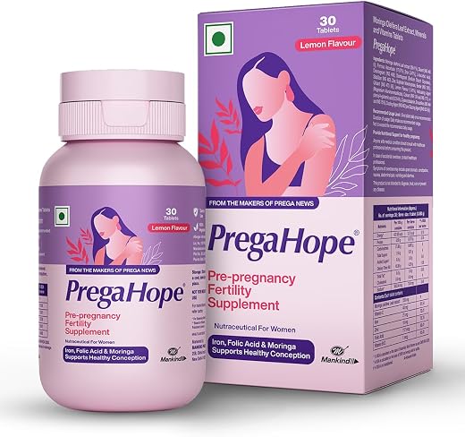 Prega Hope | Pre-Pregnancy Fertility Supplement (Pack of 30 Tabs) | With Iron, Folic Acid & Moringa | Lemon Flavor