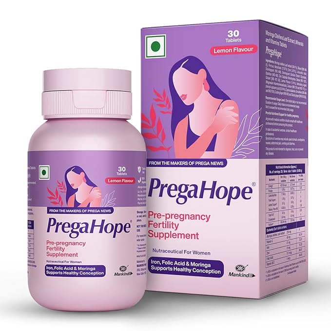 Prega Hope | Pre-Pregnancy Fertility Supplement (Pack of 30 Tabs) | With Iron, Folic Acid & Moringa | Lemon Flavor