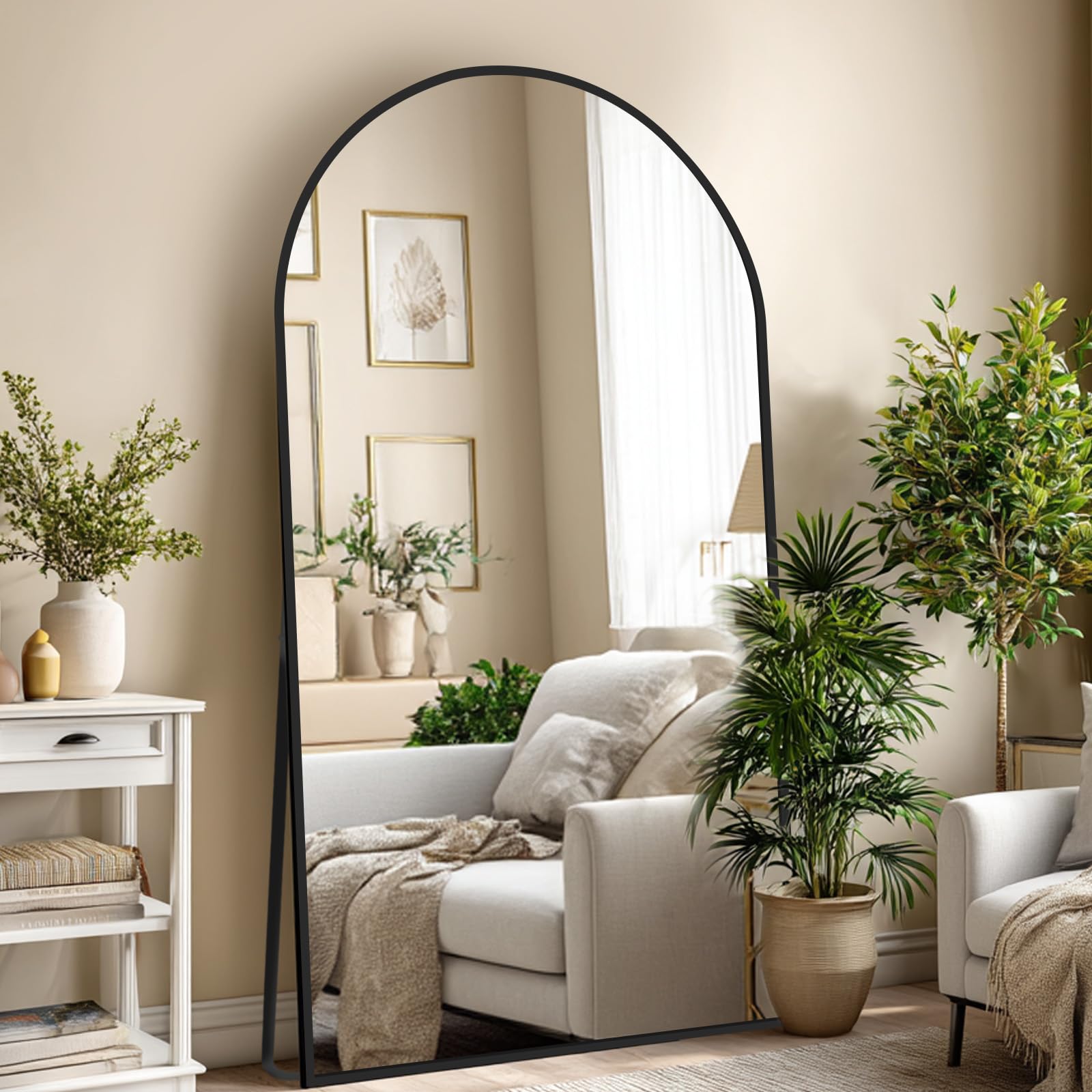 Beauty4U Full Length Mirror Arched Top, 200x100cm Large Free Standing Mirrors, Floor Mirror with Black Aluminum Alloy Frame for Living Room or Bedroom, Hanging or Leaning