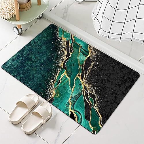 Miniatura 4 de Alfombrilla de baño de tierra de diatomeas, mármol negro y verde dorado antideslizante de gran volumen súper absorbente de secado rápido para baño,