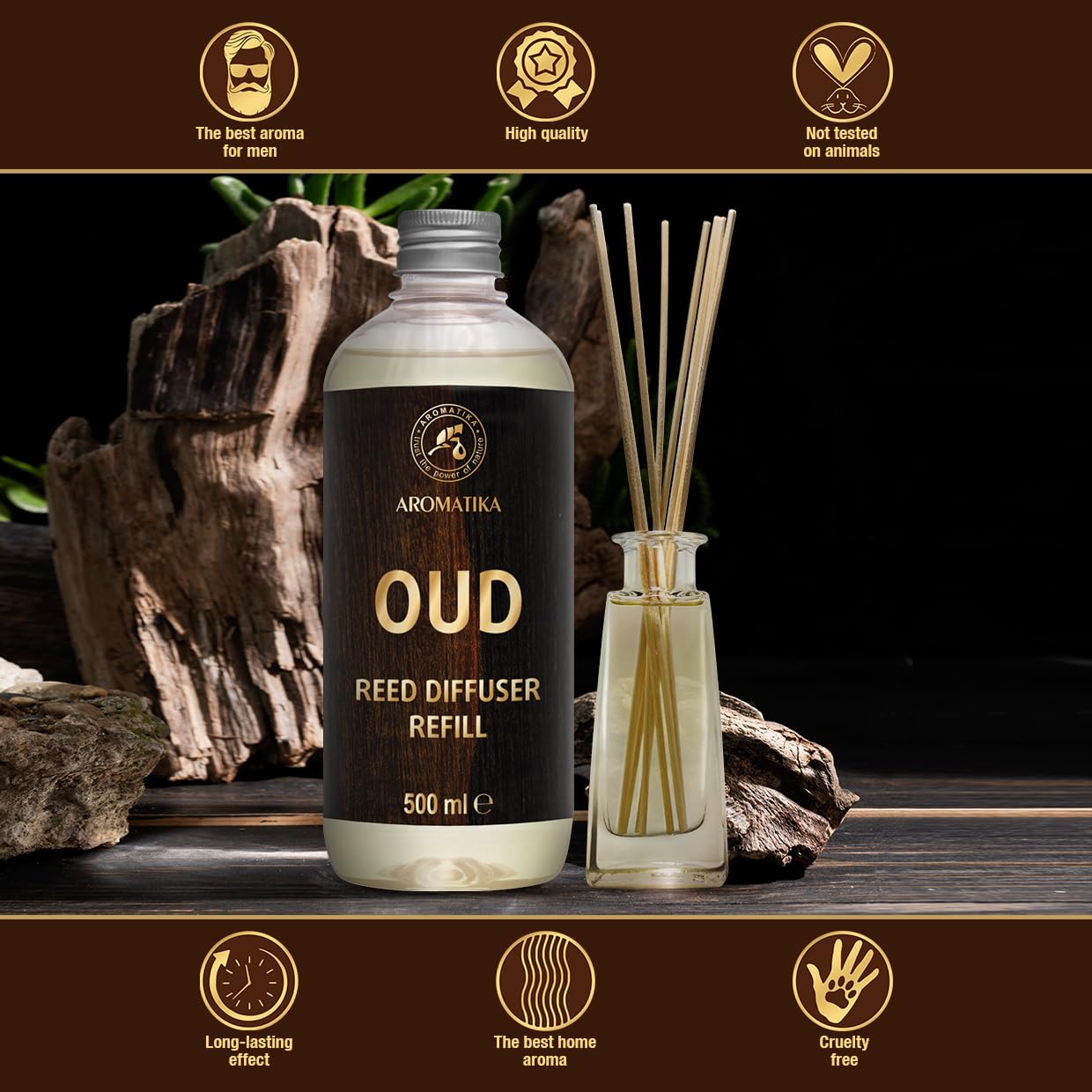 Recharge Diffuseur de Oud 500ml - Naturel Fragrance - Parfum boisé - Désodorisant - Aromathérapie - Parfum de Ambiance - Parfum Frais et de Longue Durée - Assainisseur de Air