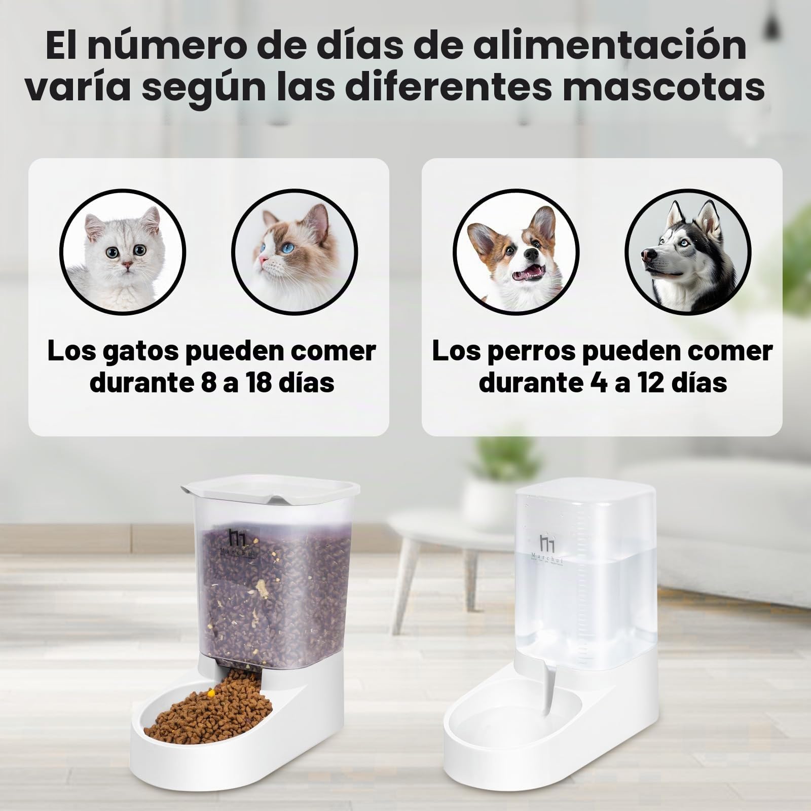 Marchul Dispensador para Gatos y Perros, Comida y Agua, Pack 2 Unidades, Comederos Automáticos, 3.8 L c/u, Comedero, Alimentador y Bebedero para Mascotas (Alfombrilla de Silicona)