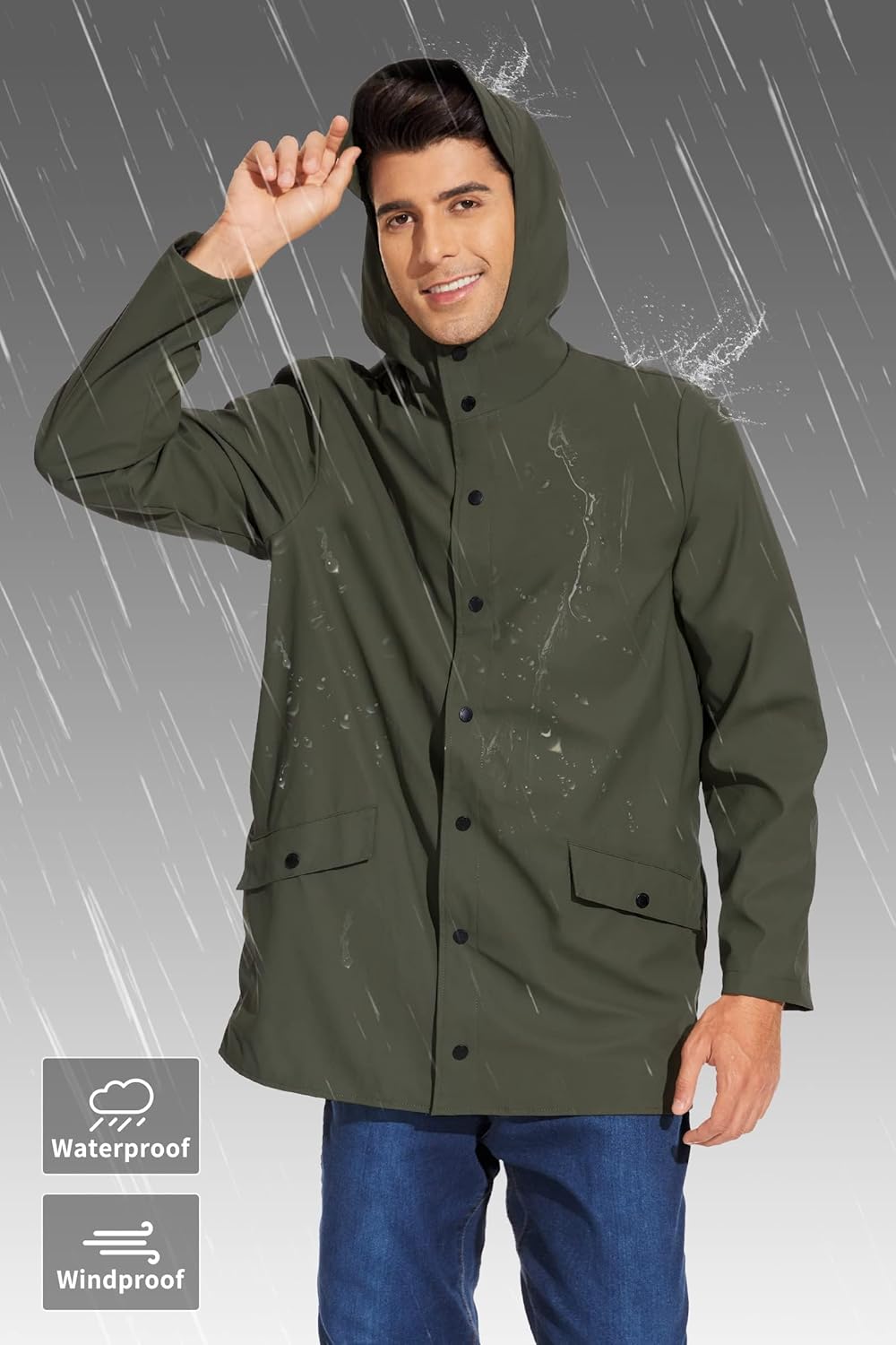 Fahsyee Rain Jacket Men Waterproof - Mens Raincoat Lightweight Coat With Hood Long Breathable Windbreaker Trench - Image 3