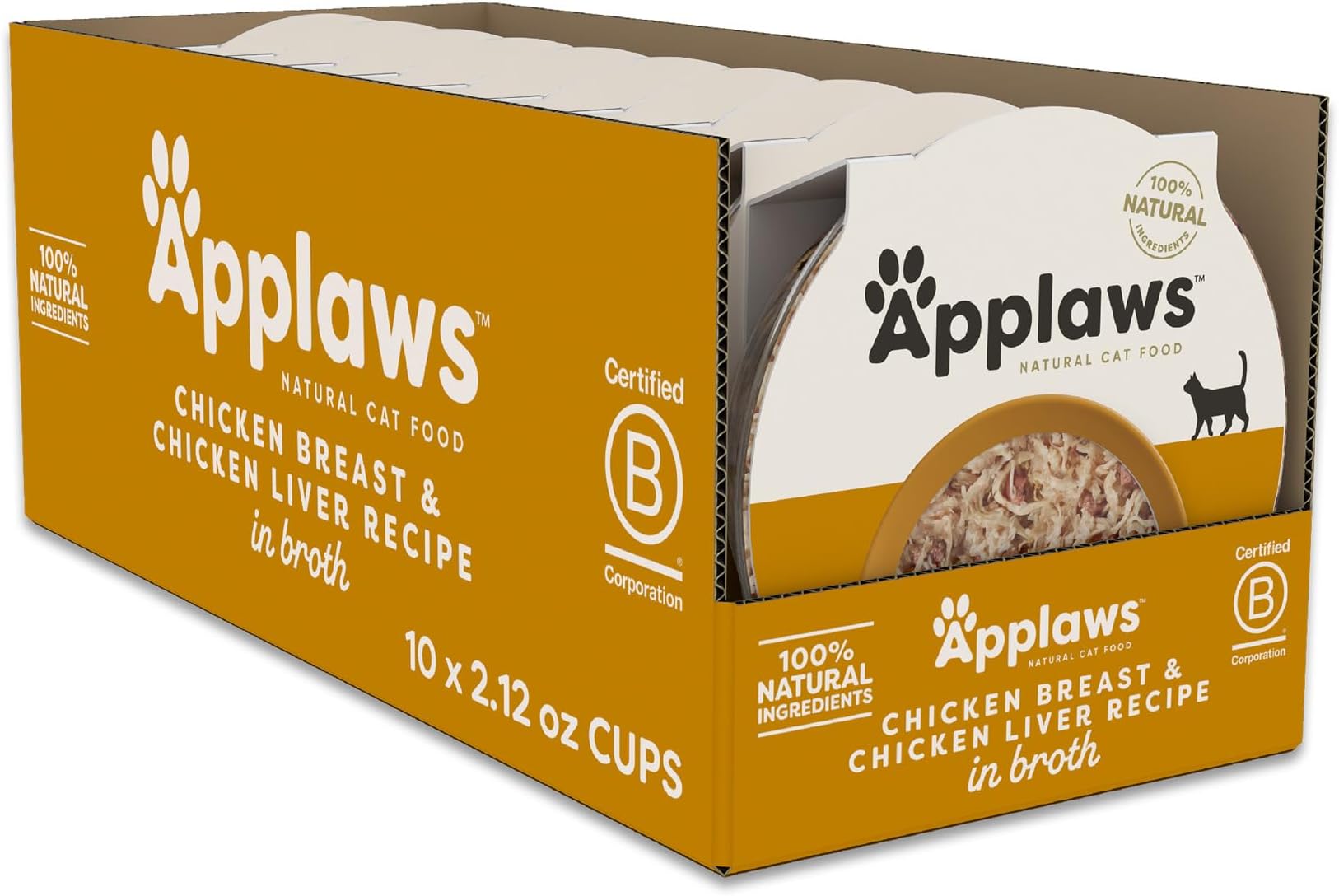 Applaws Natural Wet Cat Food in Broth, Limited and Natural Ingredients, High Protein with No Artificial Additives, Chicken Breast & Chicken Liver in Broth (10 x 2.12 oz Easy-Open Cups)