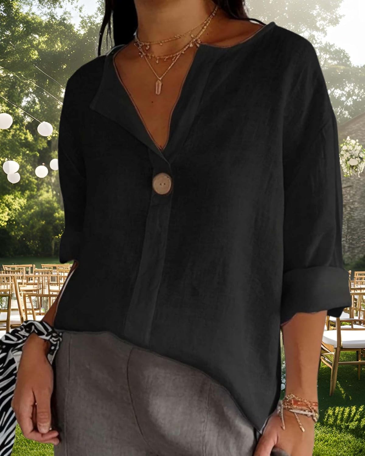 Womens Cotton Linen Button Down Shirts Casual Summer V Neck 3/4 Sleeve Solid Loose Fit Tunic Tops Vacation Tee - Image 6