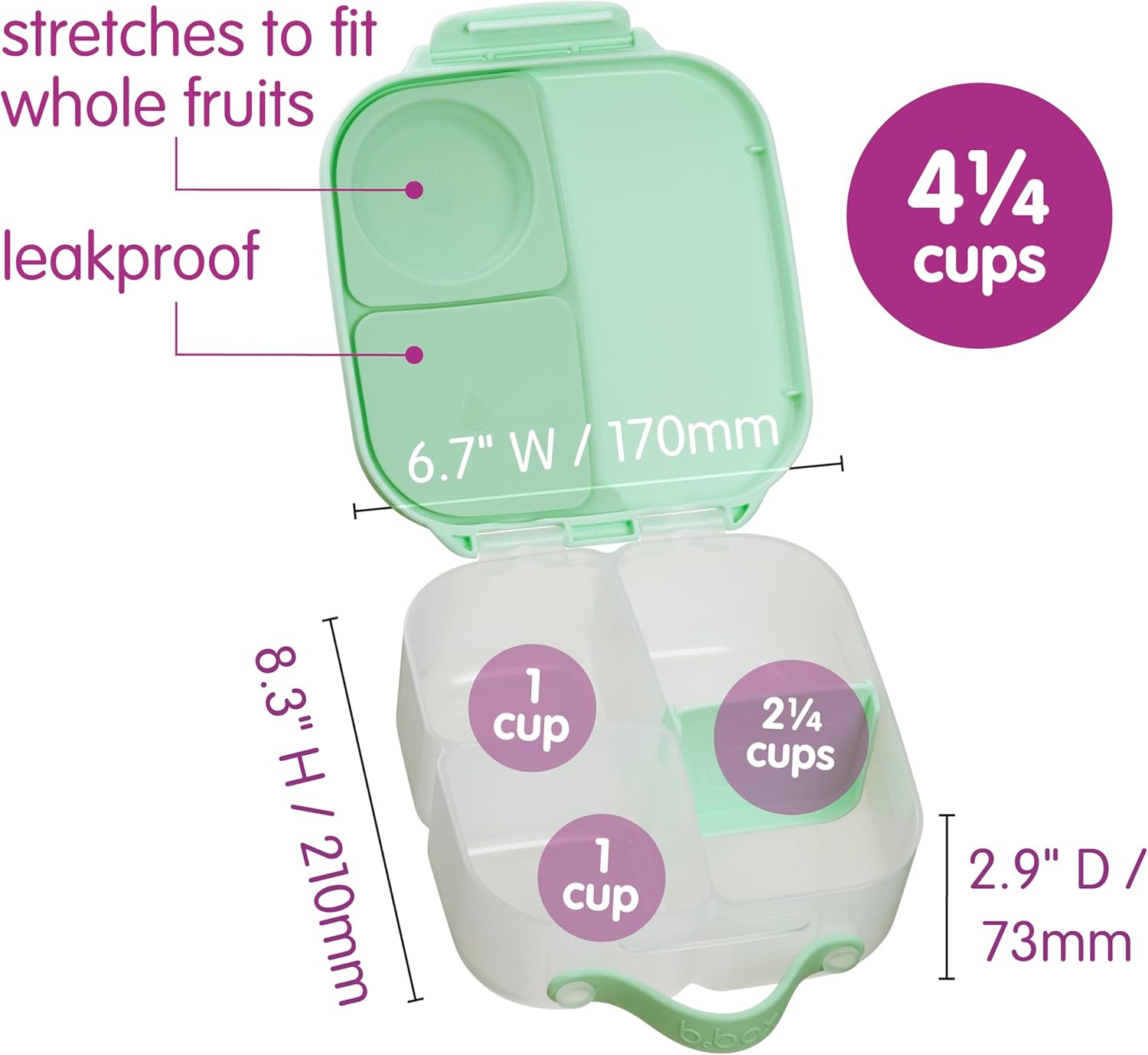 b.box Mini Lunch Box - 4.25 Cup Leak Proof Bento Box for Kids Ages 3+ - 3 Compartment Snack Containers, School Lunch Container, Dishwasher Safe, BPA-Free, PFAS-Free - Spearmint - Image 4
