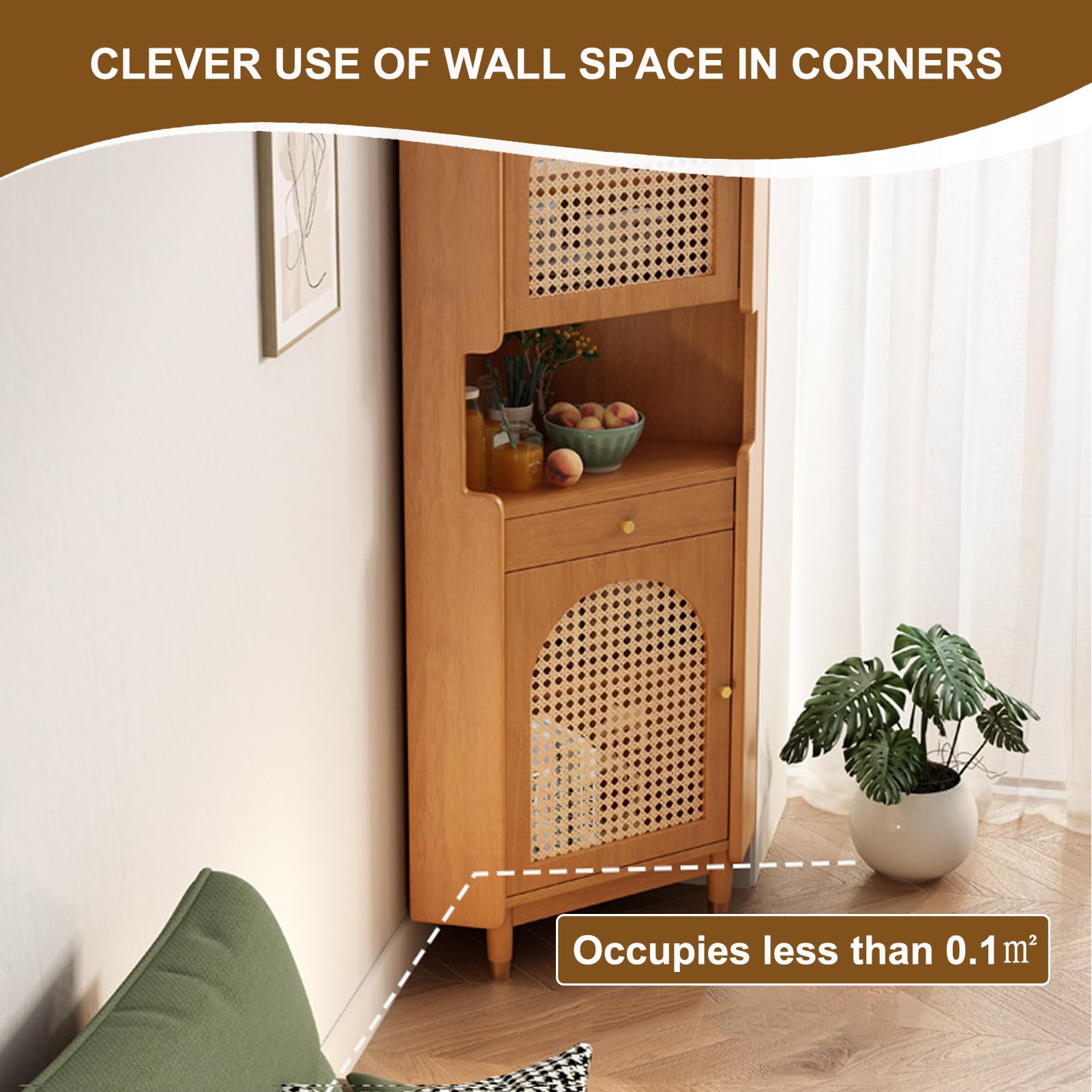 ZORZA Armario Esquinero Alto, Roble, con 2 Puertas de Ratán y Estantes Ajustables de 5 Niveles, Armario Esquinero Independiente para Baño, Cocina, Salón o Dormitorio,Walnut
