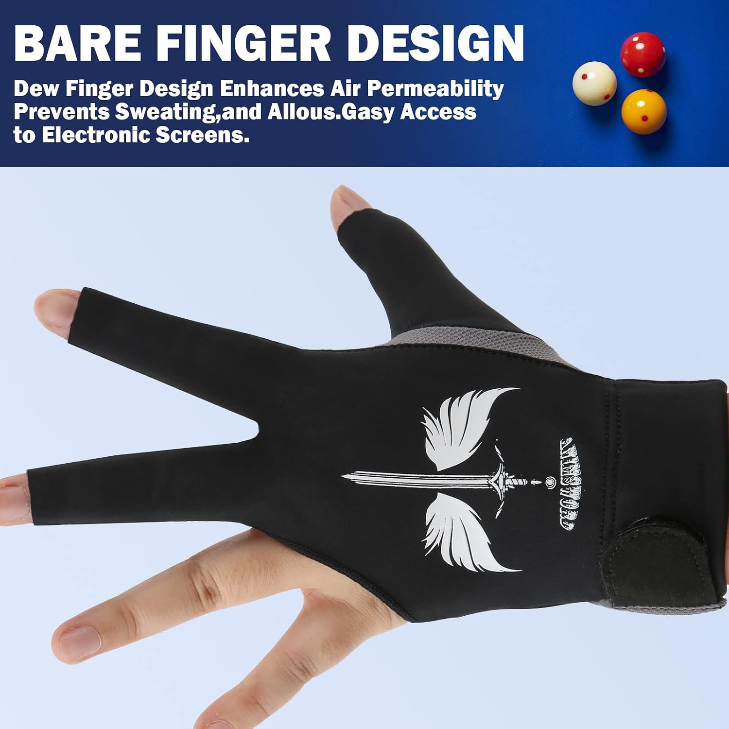 ANIMSWORD Breathable and Comfortable Billiard Pool Gloves Fits on Left Hand or Right Hand 3 Finger for Snooker Cue Sport Glove.
