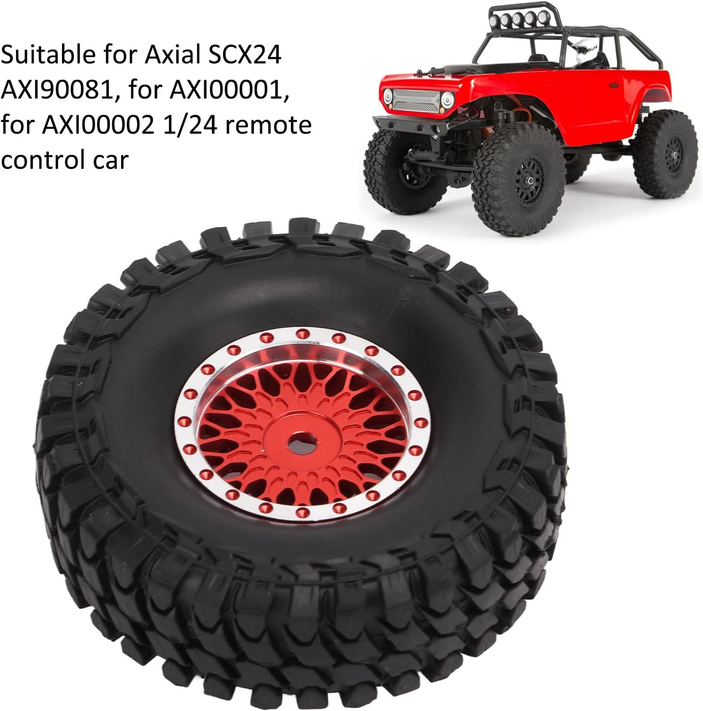 RiToEasysports RC Rubber Tires Antiwear Aluminum Alloy Stable RC Wheels and Tires 4 Pieces for 1/24 RC Car (Red)