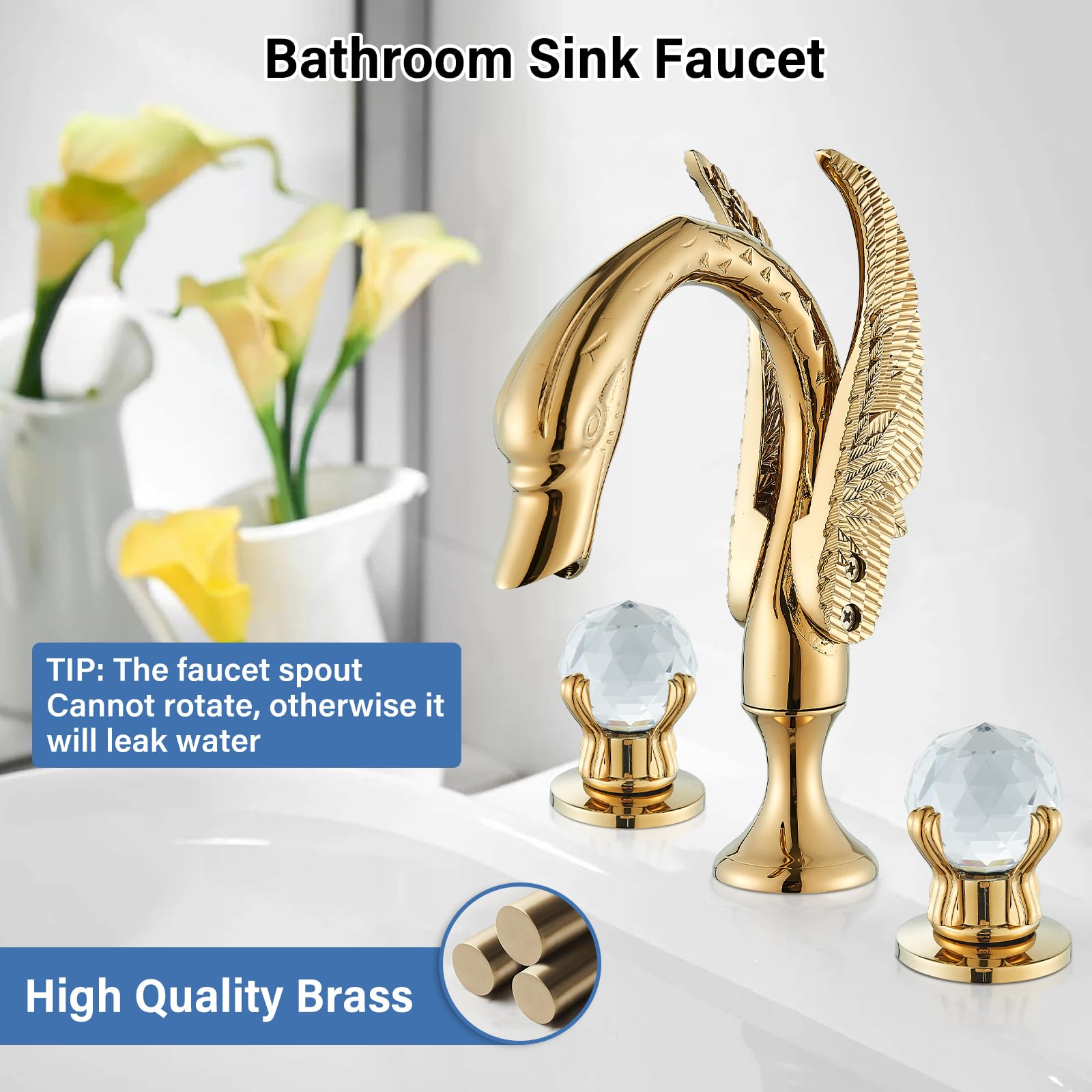 Widespread Bathroom Facuet Gold Swan Bathroom Sink Faucet 3 Hole 2 Handle Crystal Bathroom Vanity Faucets Modern Faucet — view 7