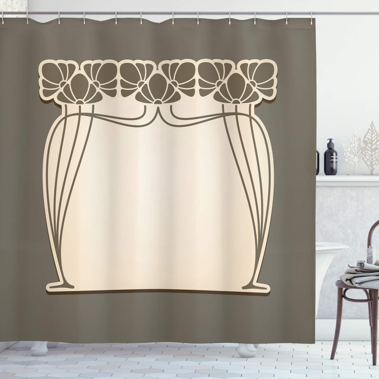 Ambesonne Art Nouveau Shower Curtain, Flower Bouquets Forming an Arch Vintage Style Feminine Old Fashioned, Cloth Fabric Bathroom Decor Set with Hooks, 69" W x 70" L, Army Green Champagne