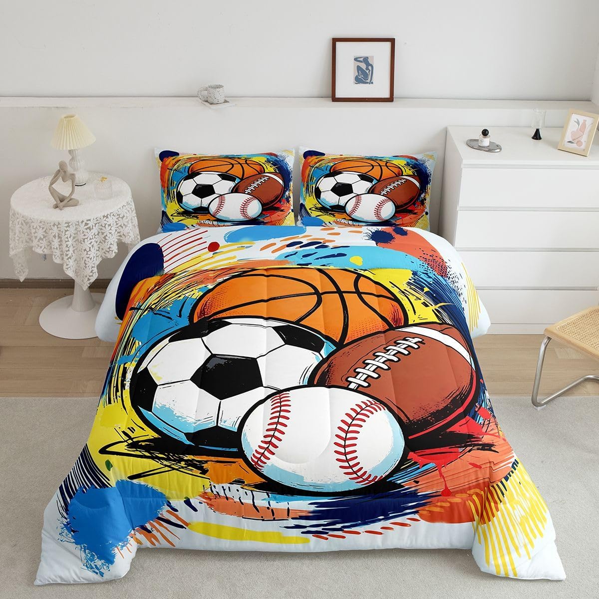 Feelyou Boys Sports Comforter Set Twin Size Football Baseball Soocer Basketball Bedding Set Sports Lover Gifts Duvet Quilt for Boys Girls Bedroom Teens Ball Game Decor Microfiber Ultra Soft Breathable