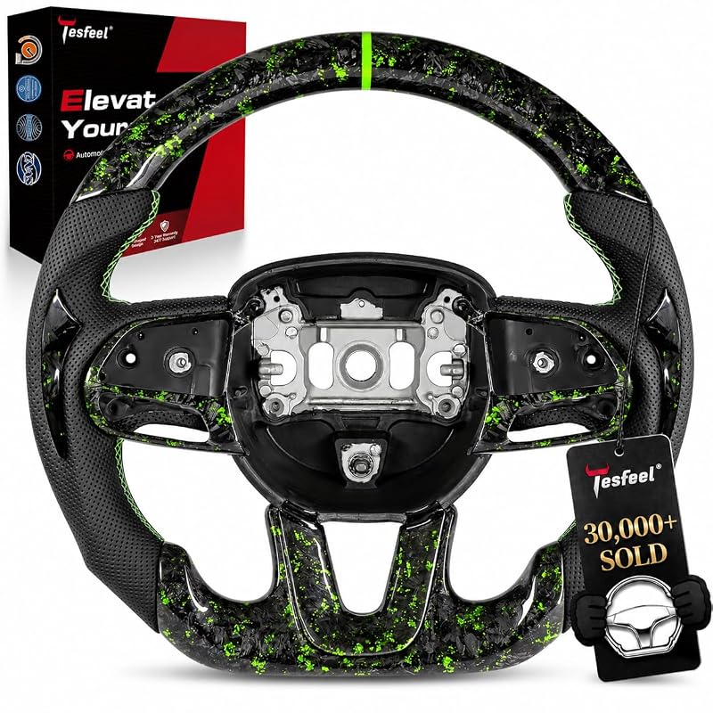 Volante D-Shaped para Dodge Challenger, Charger e Durango em Fibra de Carbono Forjada com Detalhes Verde Foil, Couro Perfurado e Faixa Verde TESFEEL