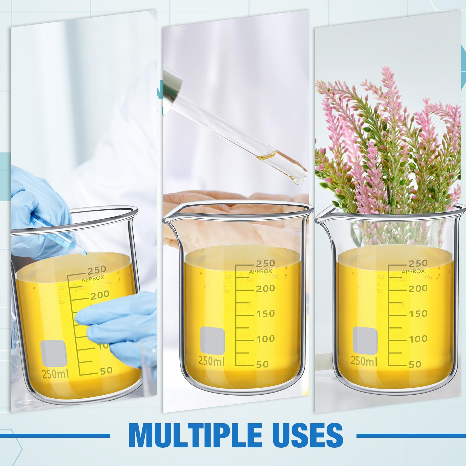 Tanlade 20 vasos de vidrio, vasos de laboratorio resistentes con impresión, taza medidora de alta clase de borosilicato, graduación a granel para laboratorios, aulas u hogar (250 ml)