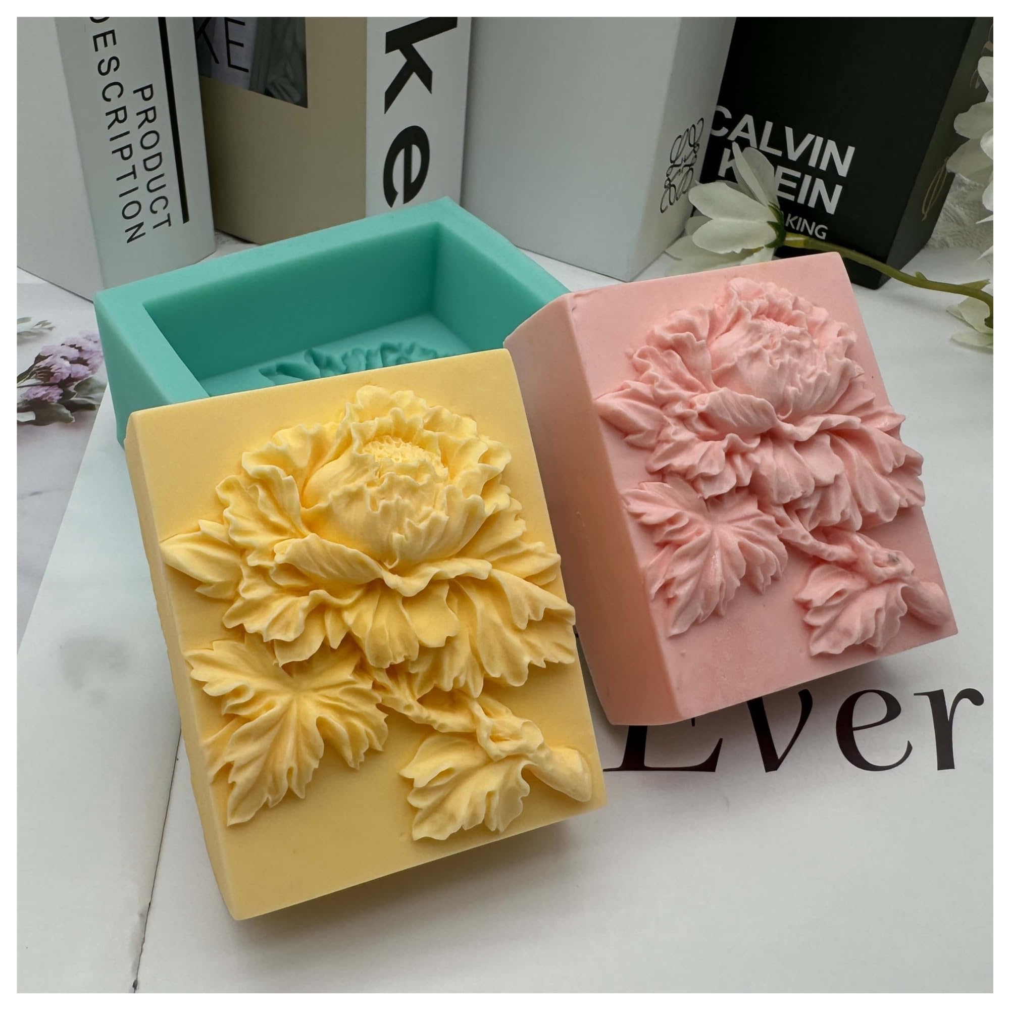 3d Elegant Sunflower Soap Mold Rectangle Silicone Making Molds DIY Handmade Bar Mould For Lotion Bars for Making Soaps Bar(Peony flower 2)