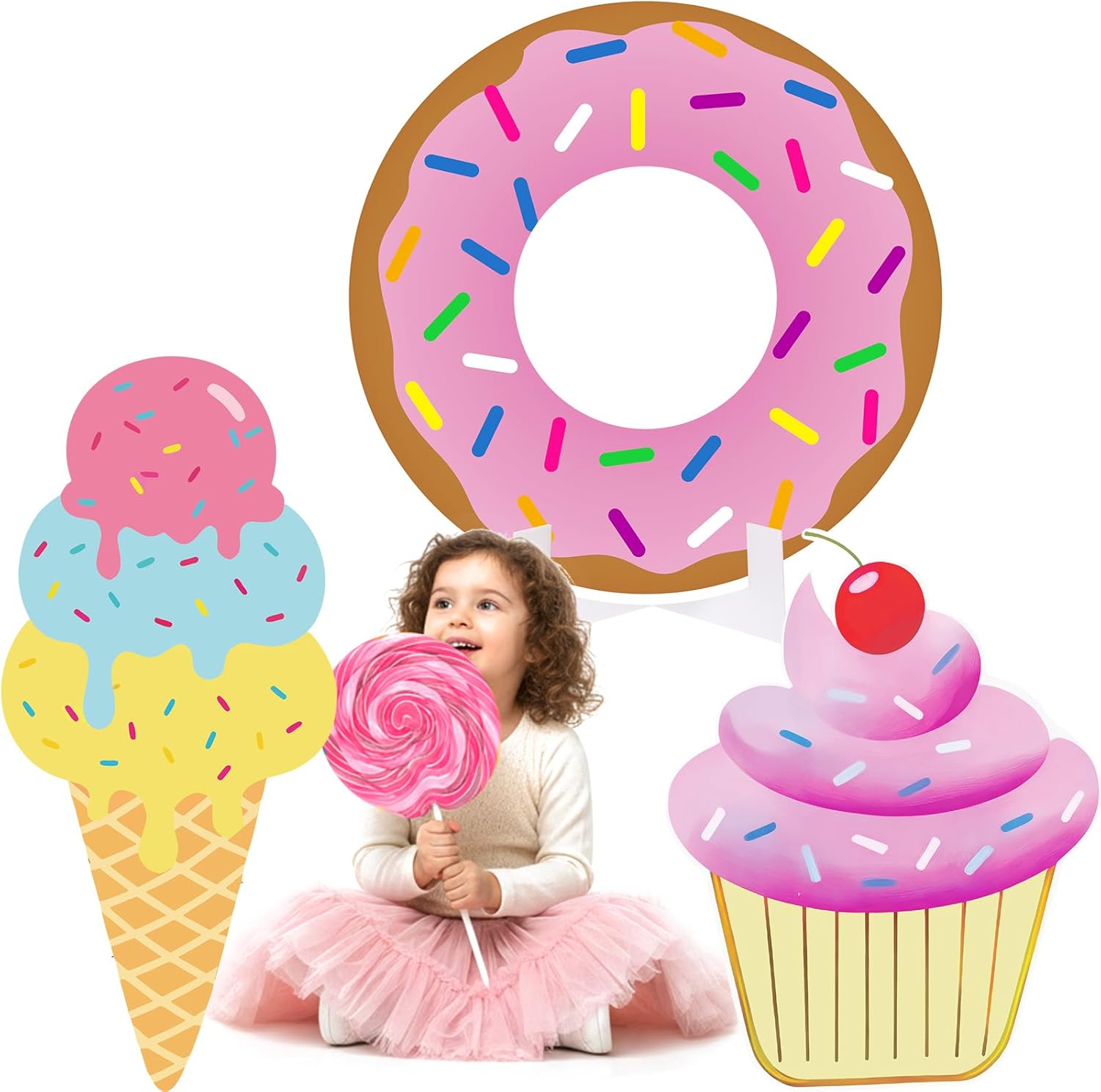 3 Pcs Donut Large Stand Party Decorations Set with Sturdy Bases Big Yard Sign for Themed Party Baby Shower, Photo Booth Props Indoor Outdoor