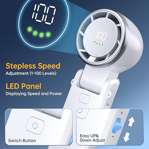 Miniatura 4 de Ventilador turbo portátil de mano, 5 velocidades de viento y 100 engranajes ajustables sin pasos, ventilador de mano personal recargable, ventilador