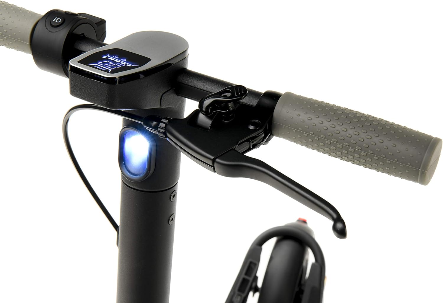 Close-up of the scooter's left handlebar with brake lever and front light