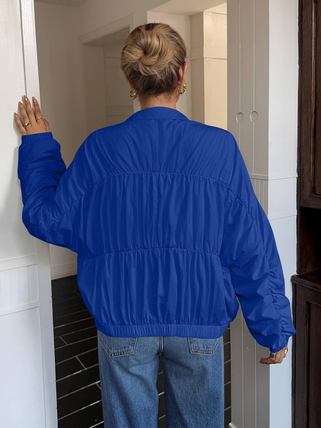 Yousify Womens Lightweight Bomber Jacket Oversized Batwing Sleeve Zip Up Stand Collar Ruched Coat Jackets with Pockets - Image 4