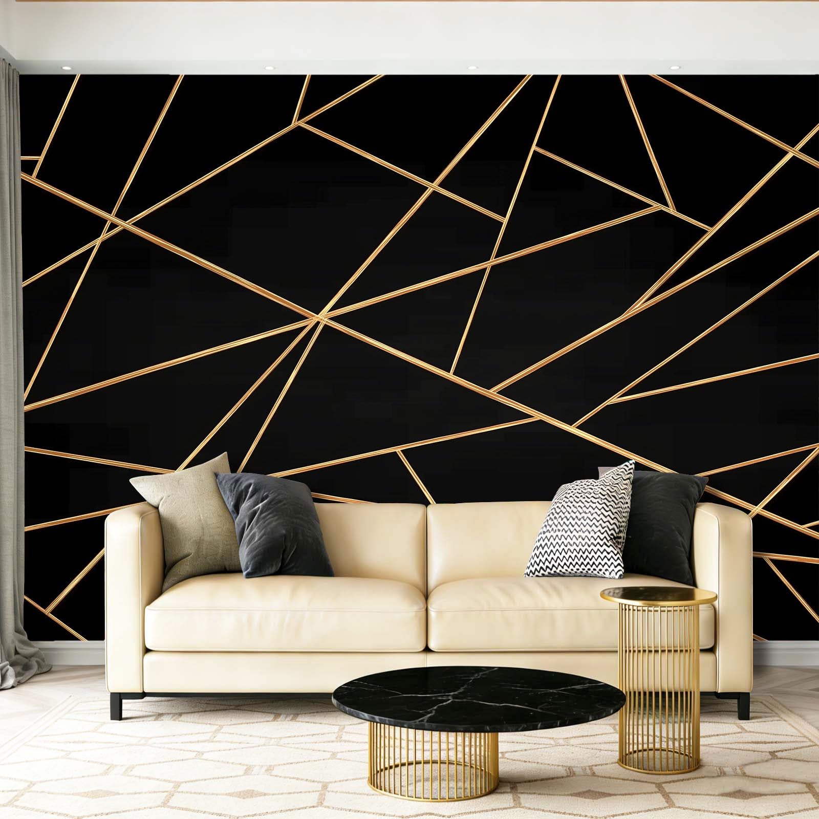 Tapeta 3D z włókniny nowoczesne geometryczne linie 400 x 280 cm tapeta dekoracja ścienna do salonu sypialni czarno-złoty