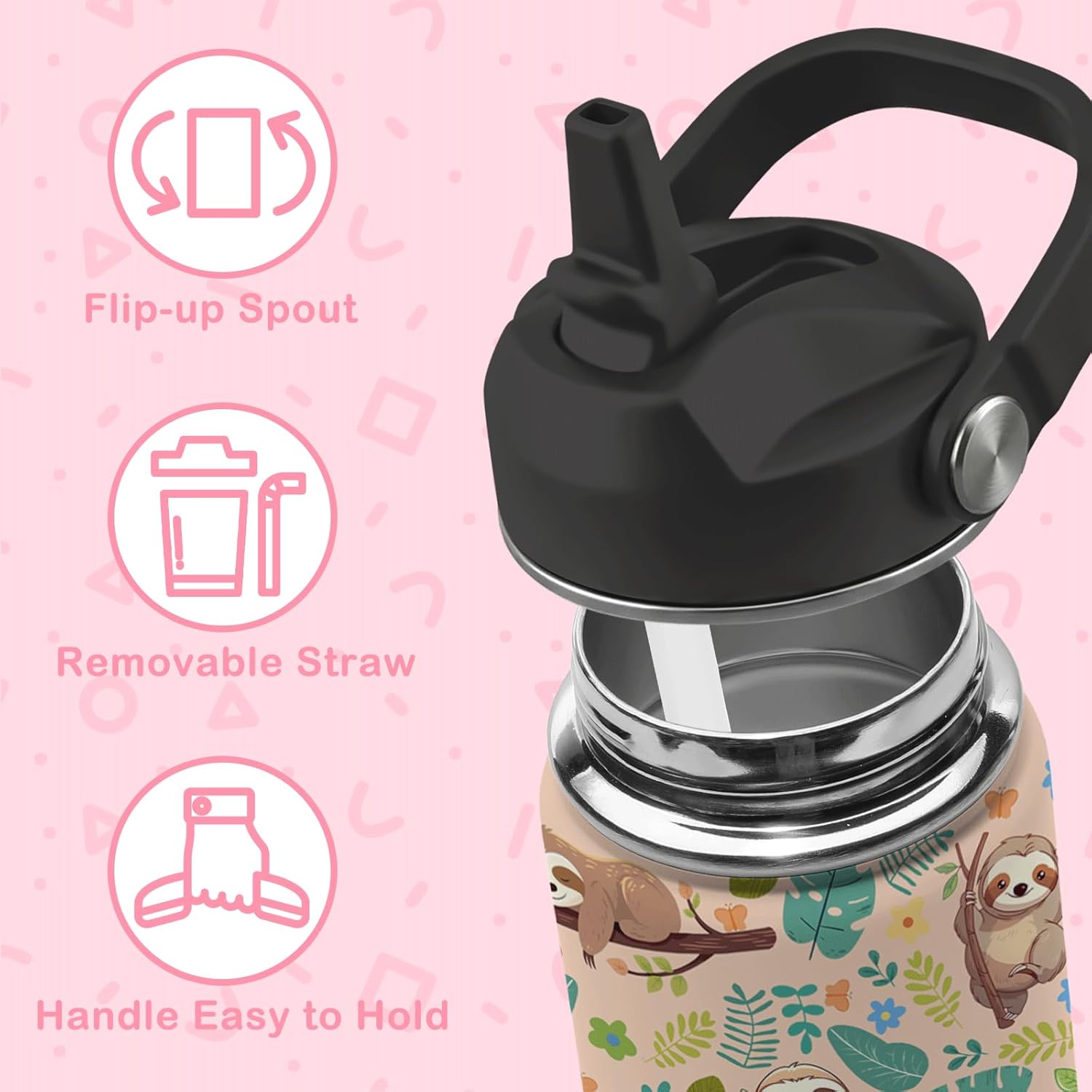Sloth Water Bottle, 16oz Kids Stainless Steel Insulated Water Bottle with Straw Lid, Sloths Cup Tumbler Gifts for Sloth Lovers Women Girls